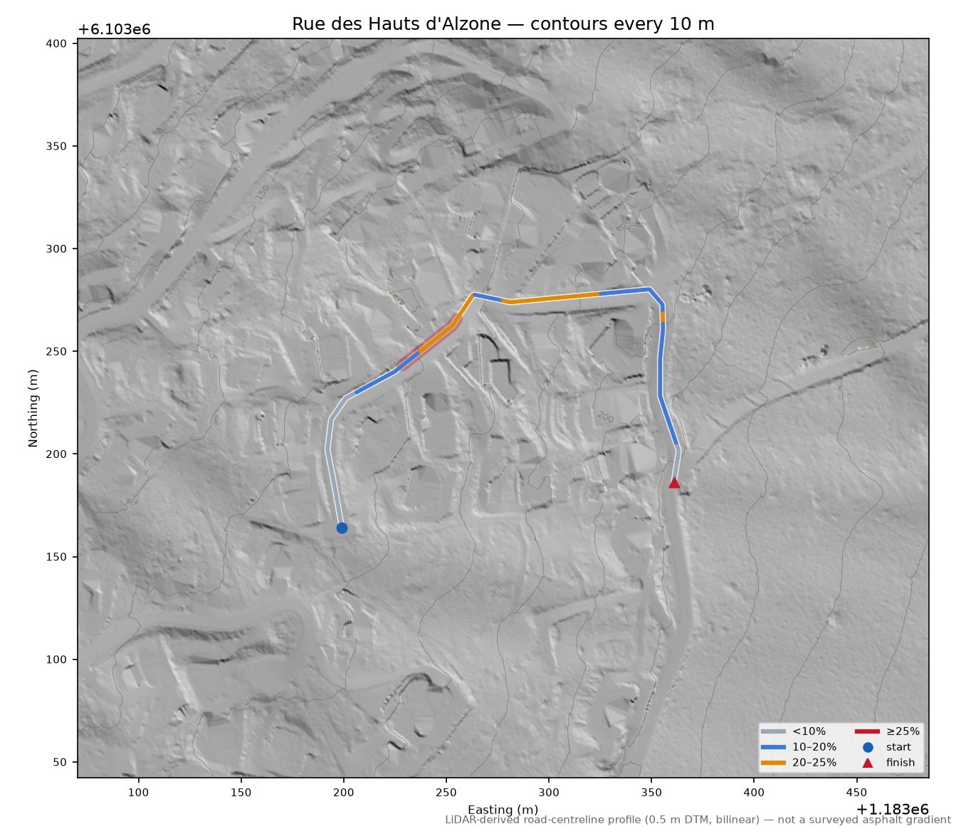 Rue des Hauts d'Alzone LiDAR hillshade map with contours