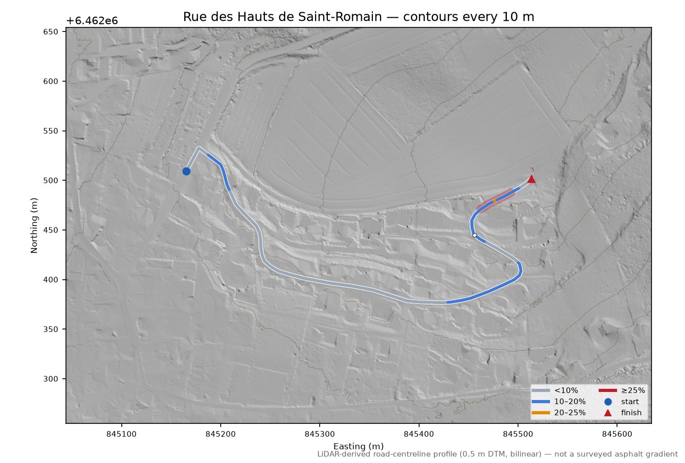 Rue des Hauts de Saint-Romain LiDAR hillshade map with contours