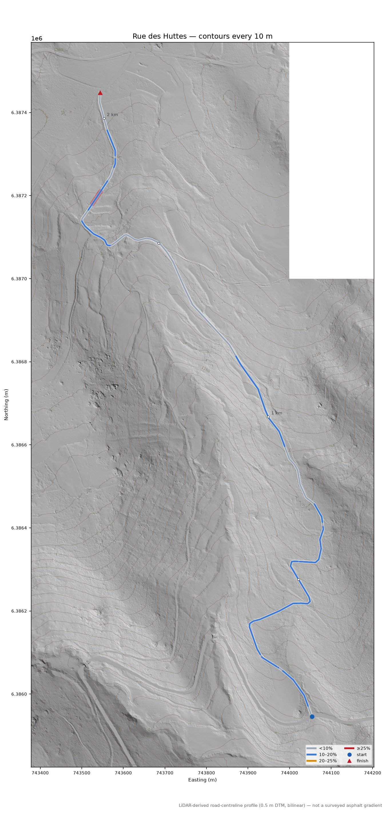 Rue des Huttes LiDAR hillshade map with contours