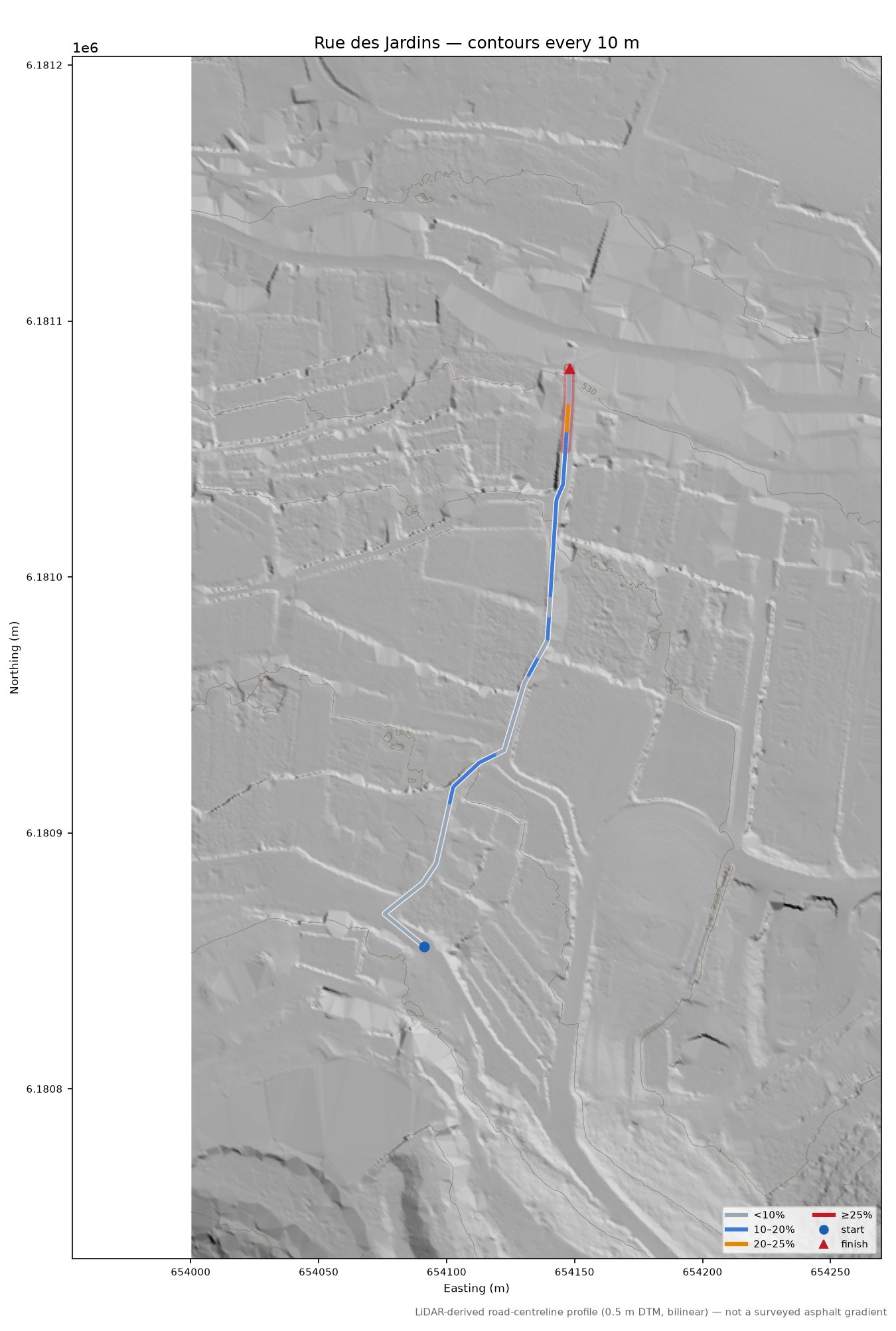 Rue des Jardins LiDAR hillshade map with contours