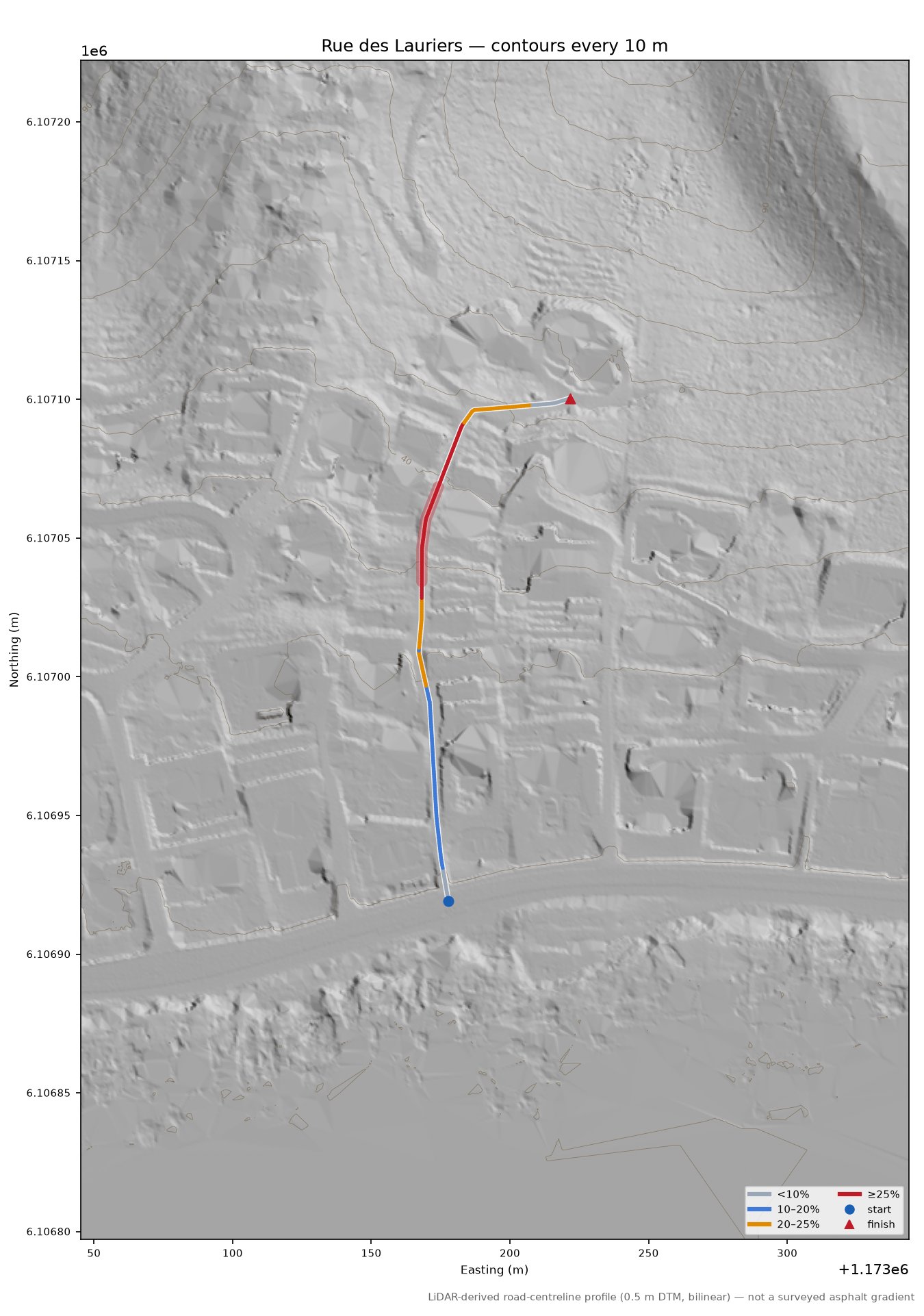 Rue des Lauriers LiDAR hillshade map with contours