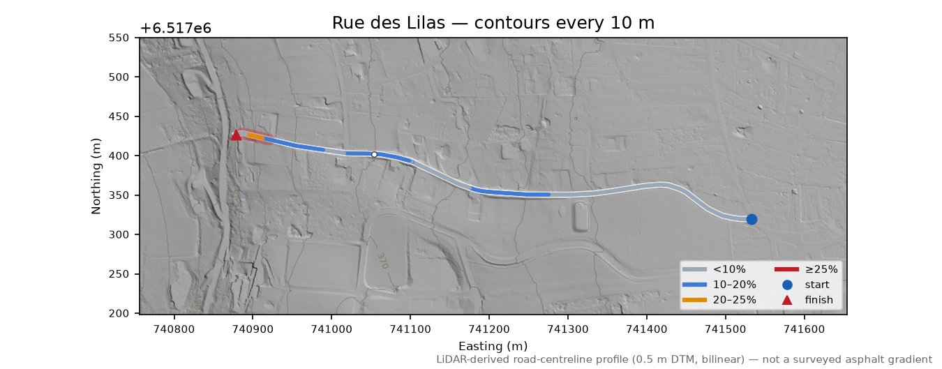 Rue des Lilas LiDAR hillshade map with contours