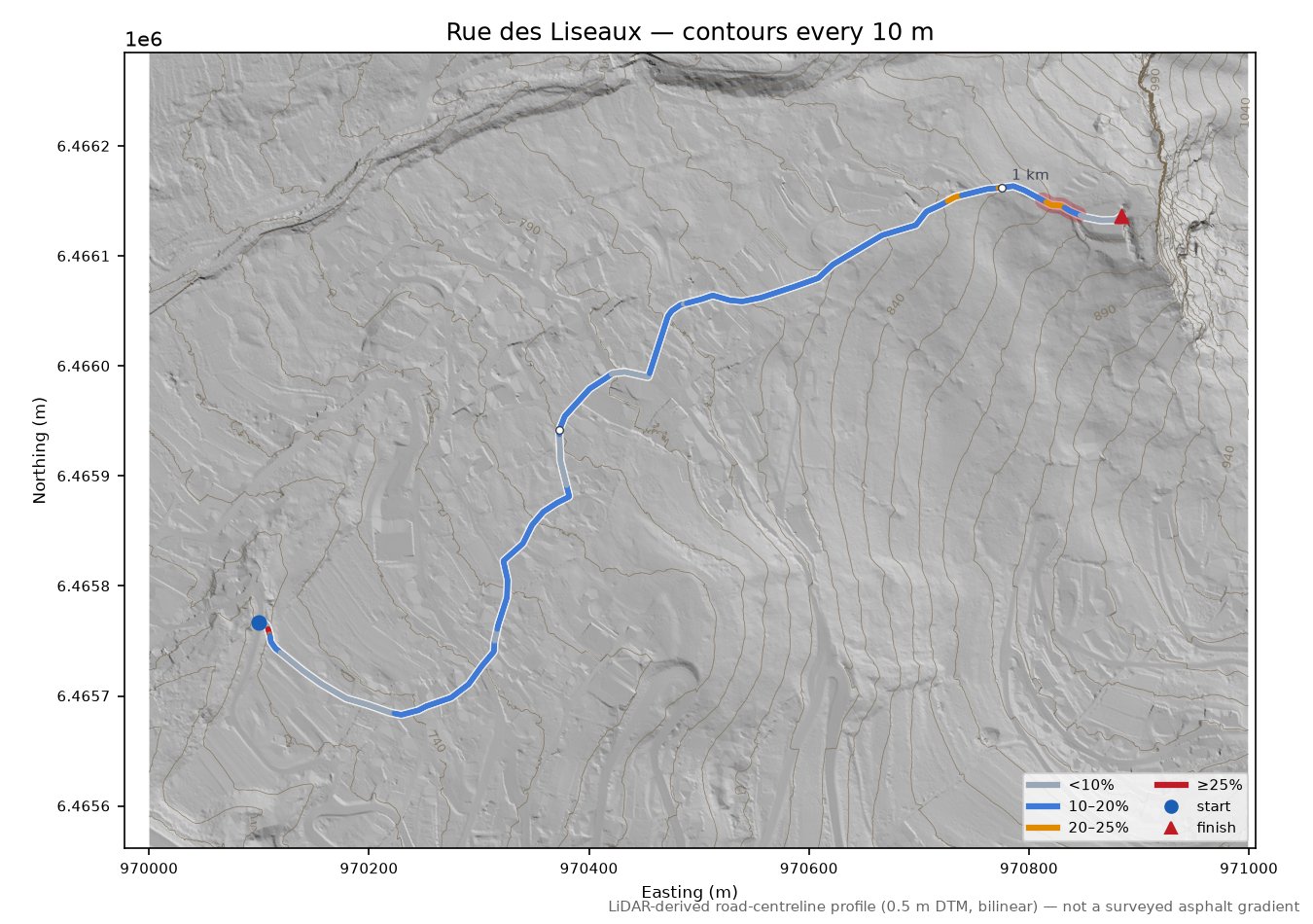 Rue des Liseaux LiDAR hillshade map with contours