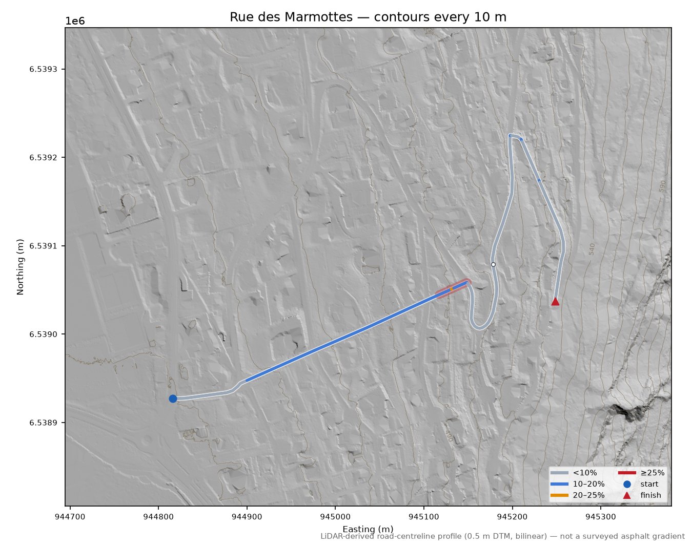 Rue des Marmottes LiDAR hillshade map with contours
