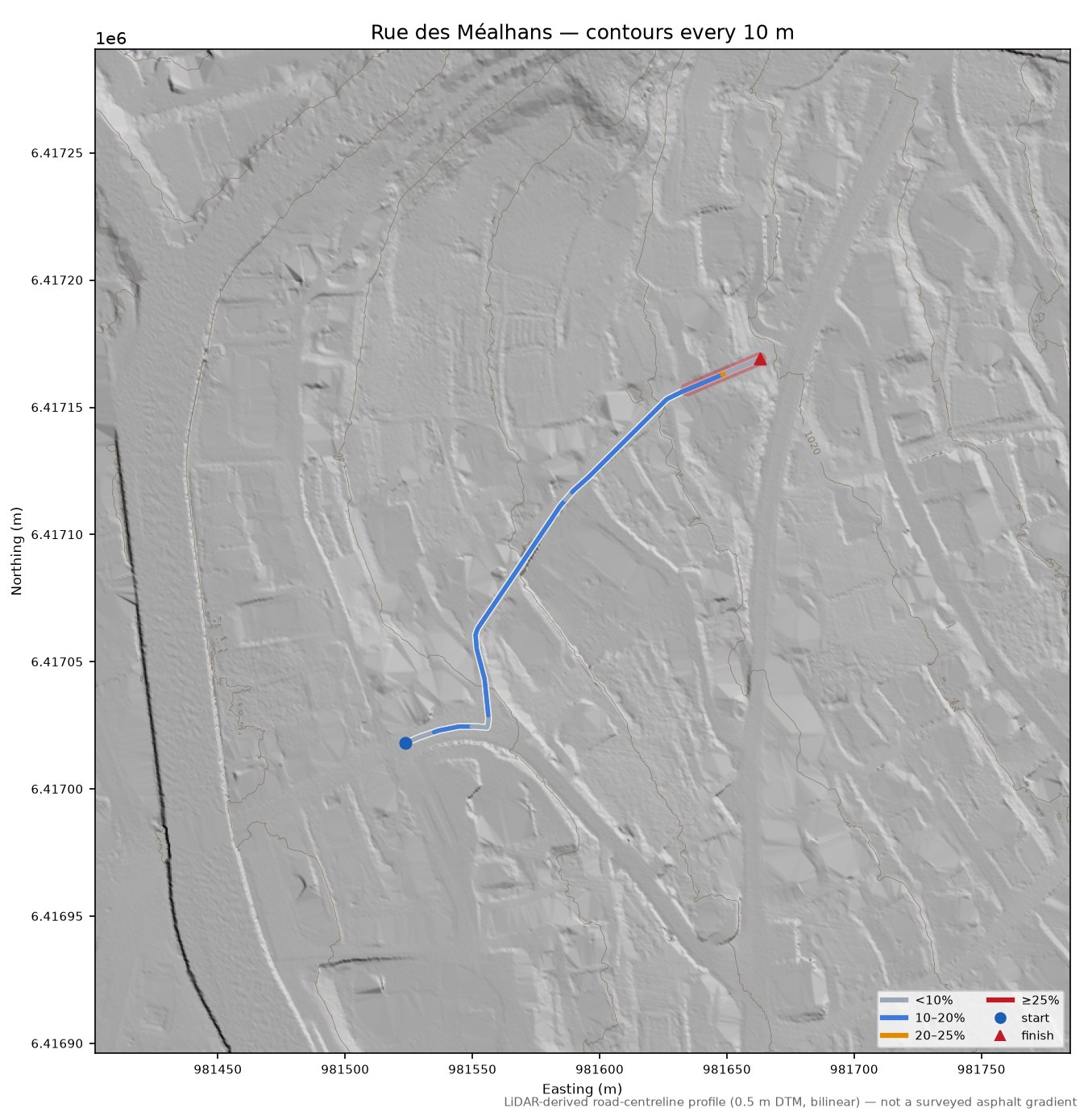 Rue des Méalhans LiDAR hillshade map with contours