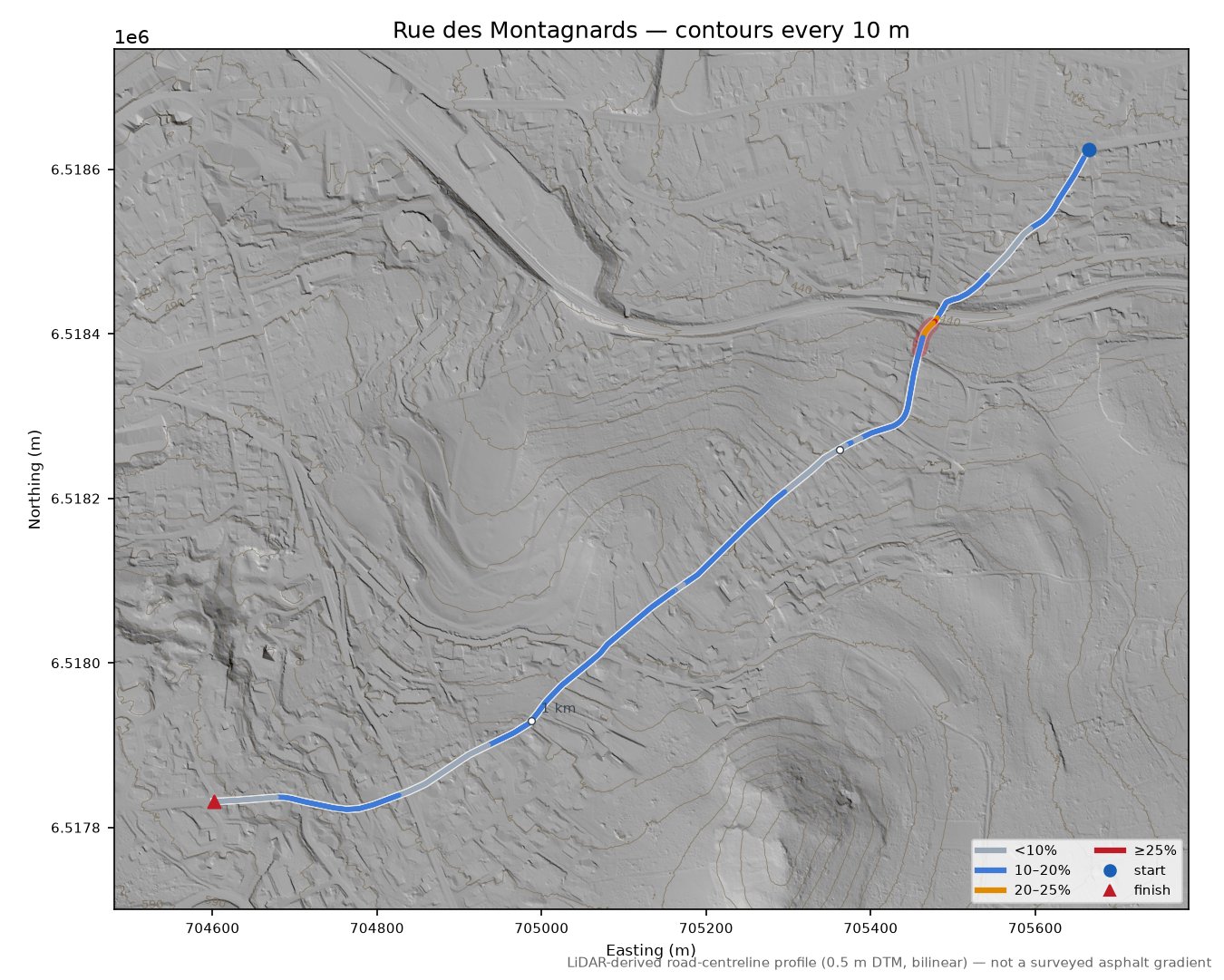 Rue des Montagnards LiDAR hillshade map with contours