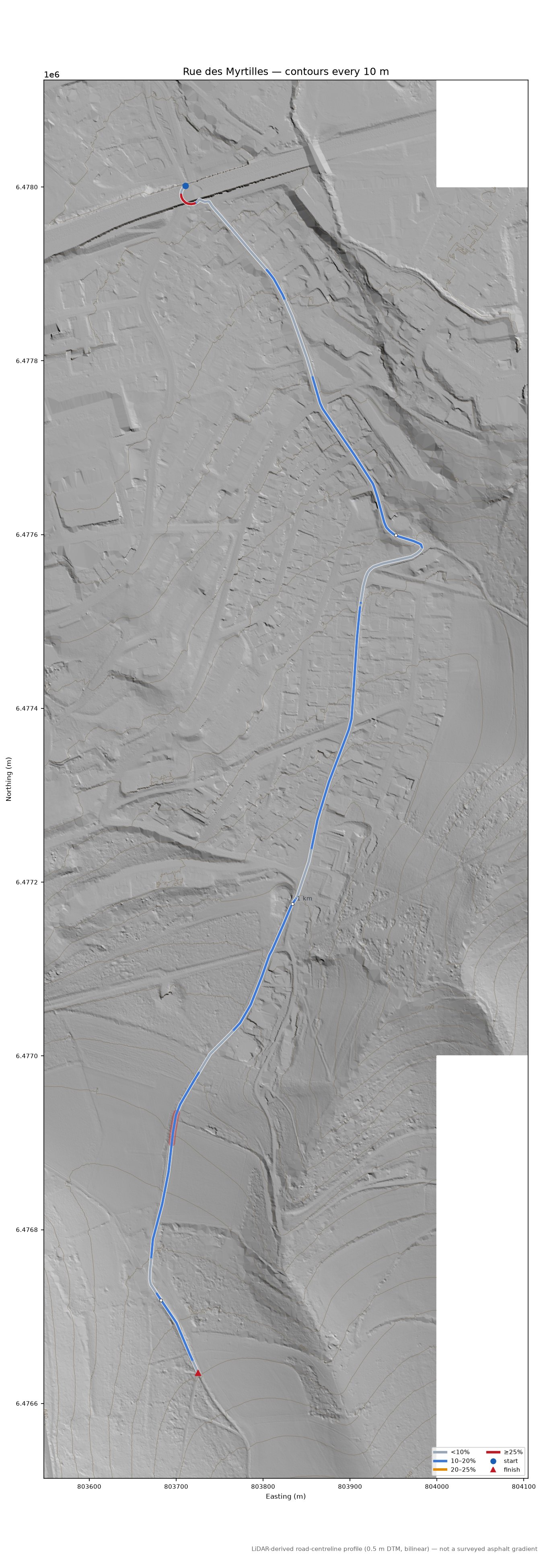 Rue des Myrtilles LiDAR hillshade map with contours