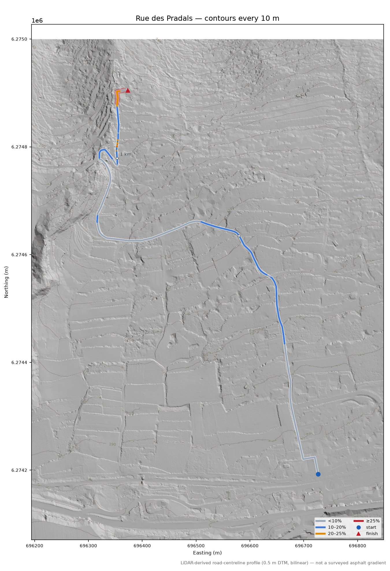 Rue des Pradals LiDAR hillshade map with contours