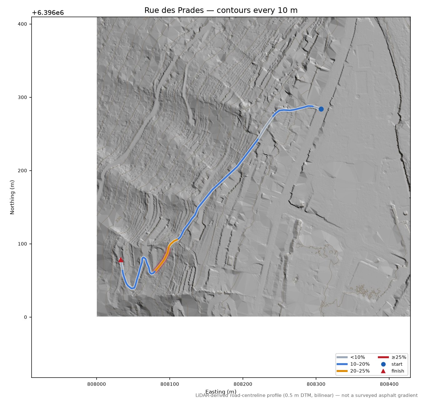 Rue des Prades LiDAR hillshade map with contours