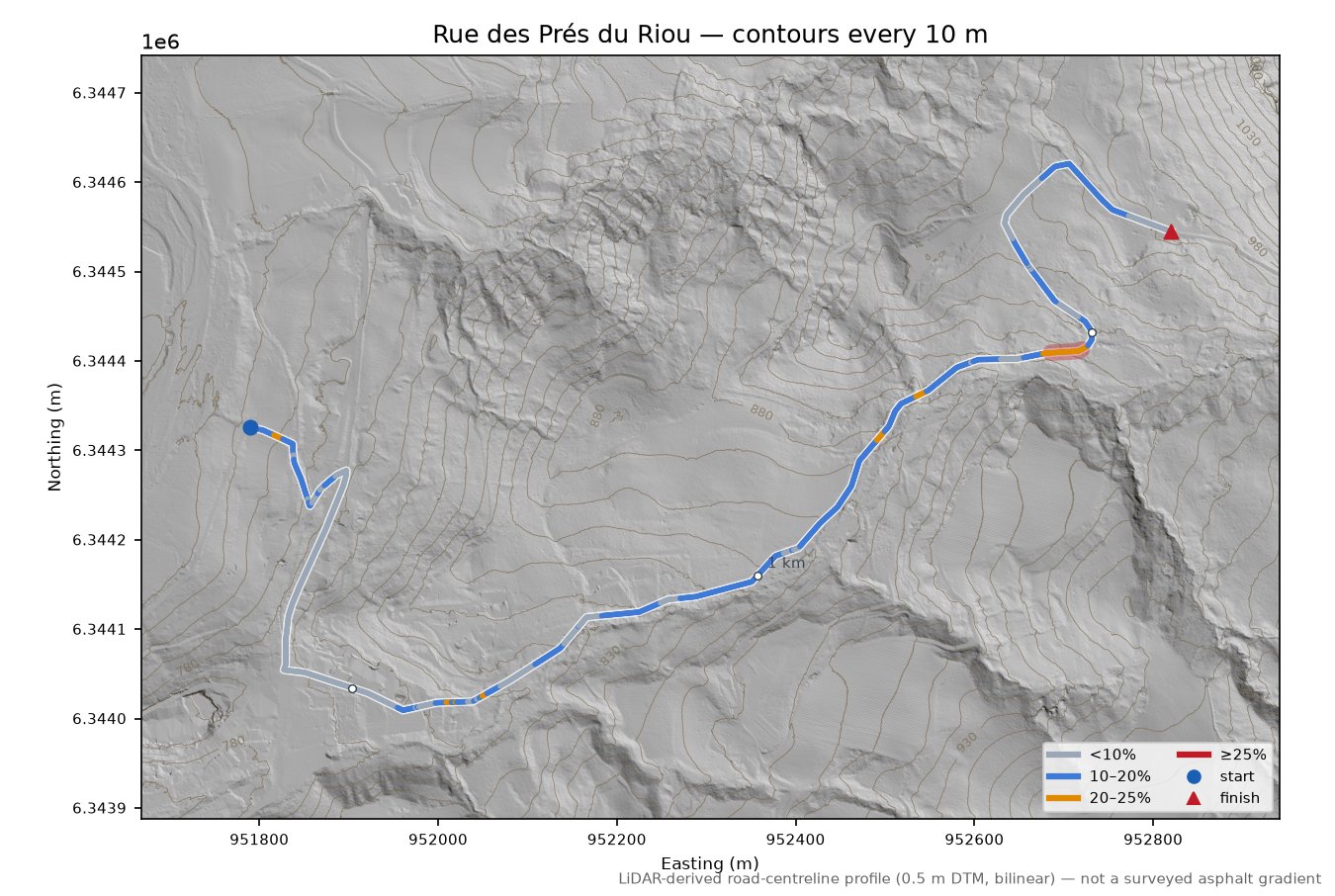 Rue des Prés du Riou LiDAR hillshade map with contours