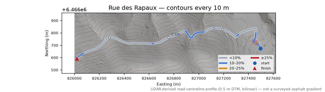 Rue des Rapaux LiDAR hillshade map with contours