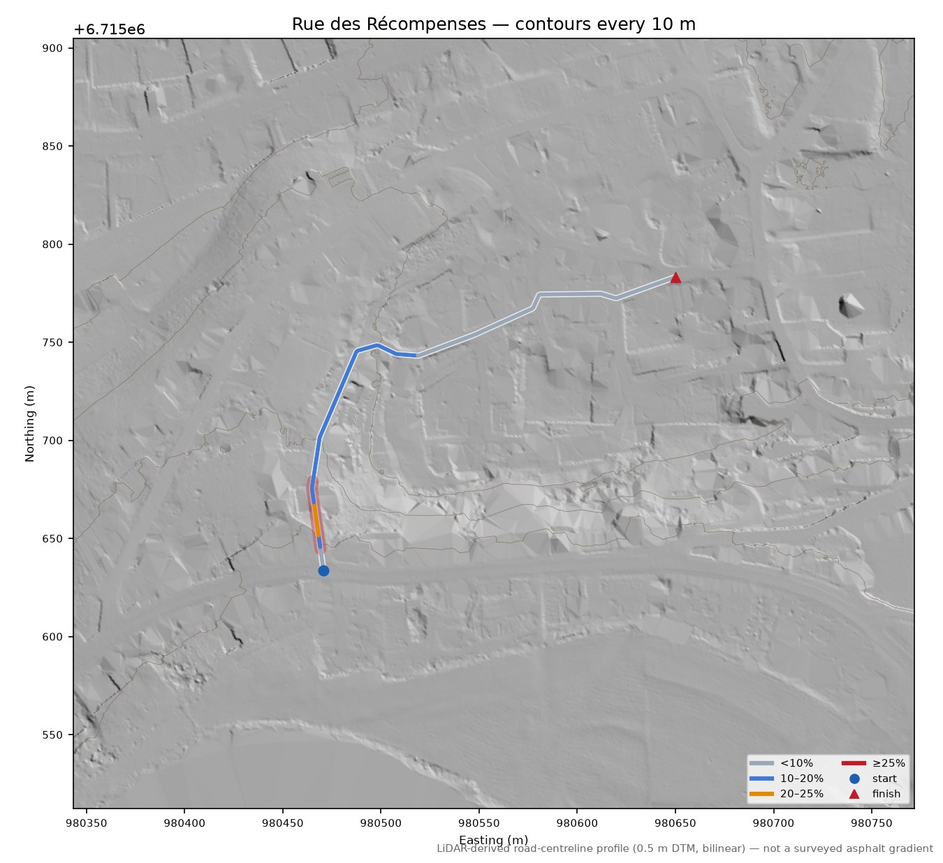 Rue des Récompenses LiDAR hillshade map with contours