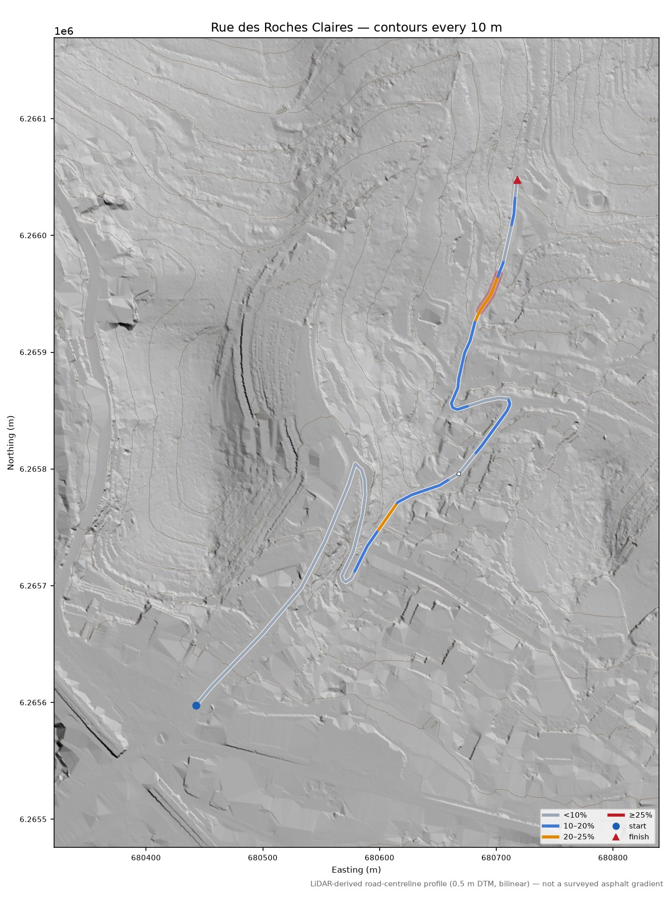 Rue des Roches Claires LiDAR hillshade map with contours