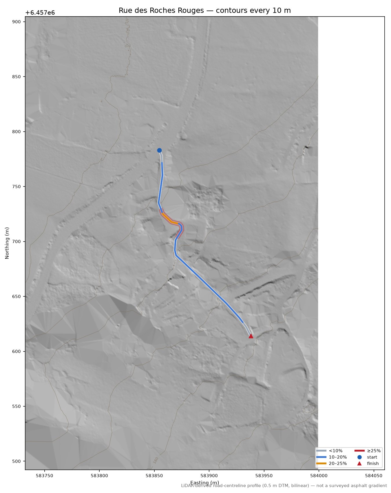 Rue des Roches Rouges LiDAR hillshade map with contours