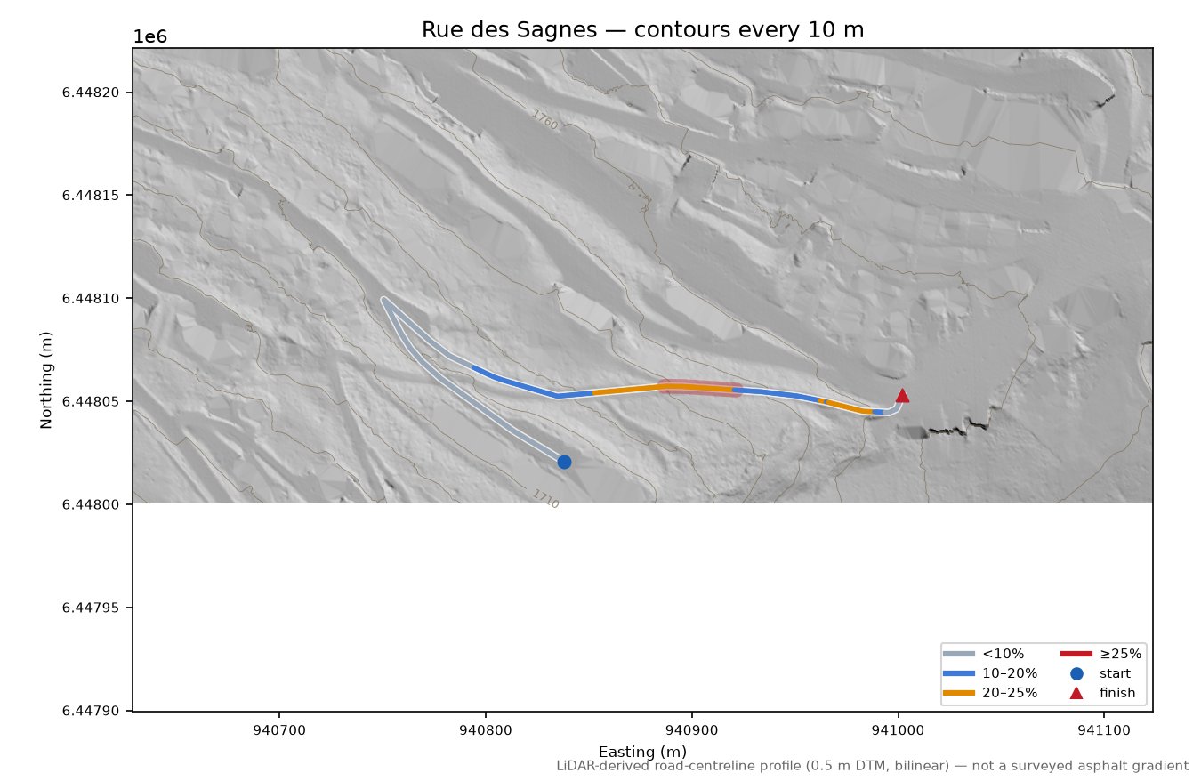 Rue des Sagnes LiDAR hillshade map with contours