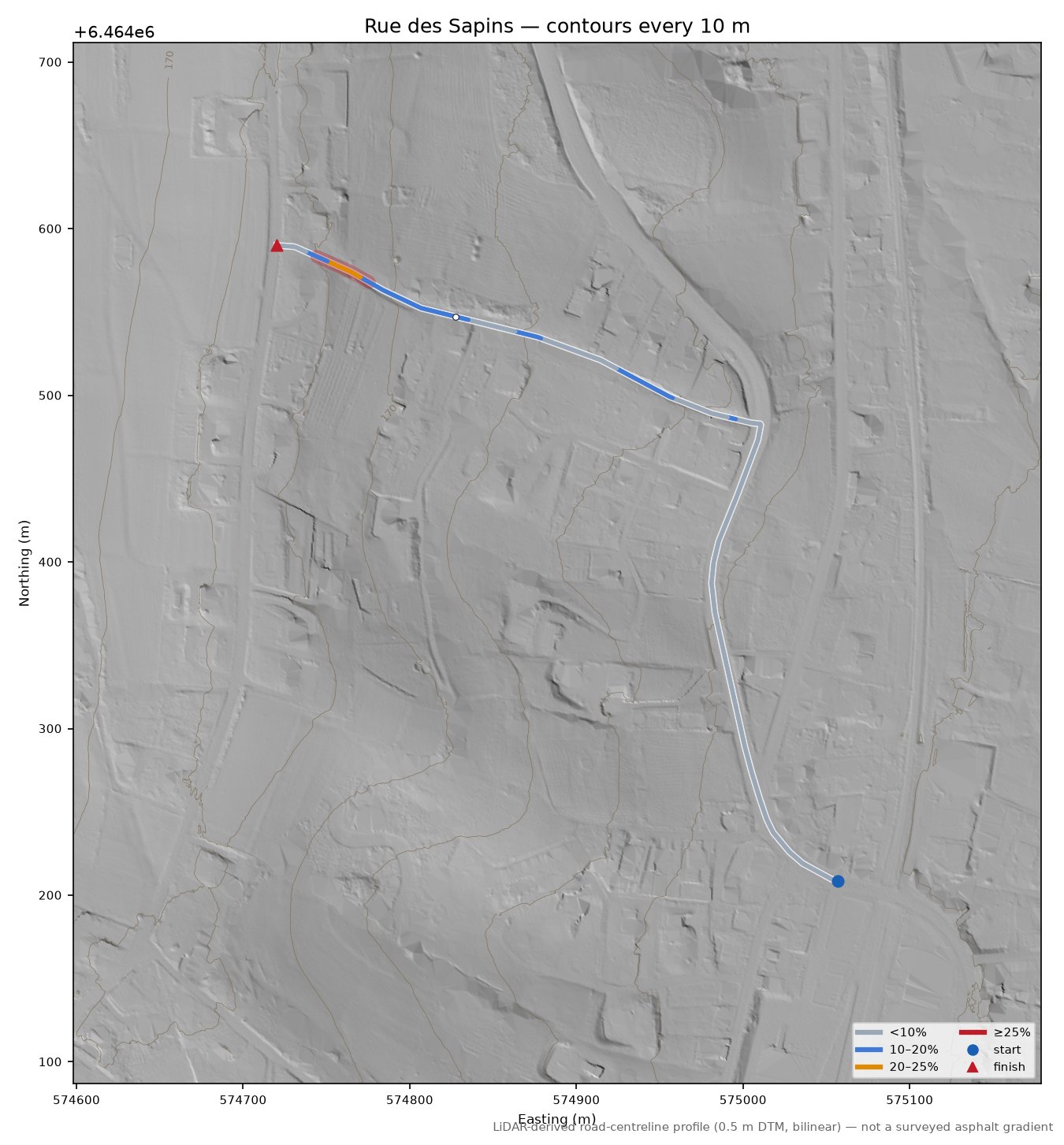 Rue des Sapins LiDAR hillshade map with contours