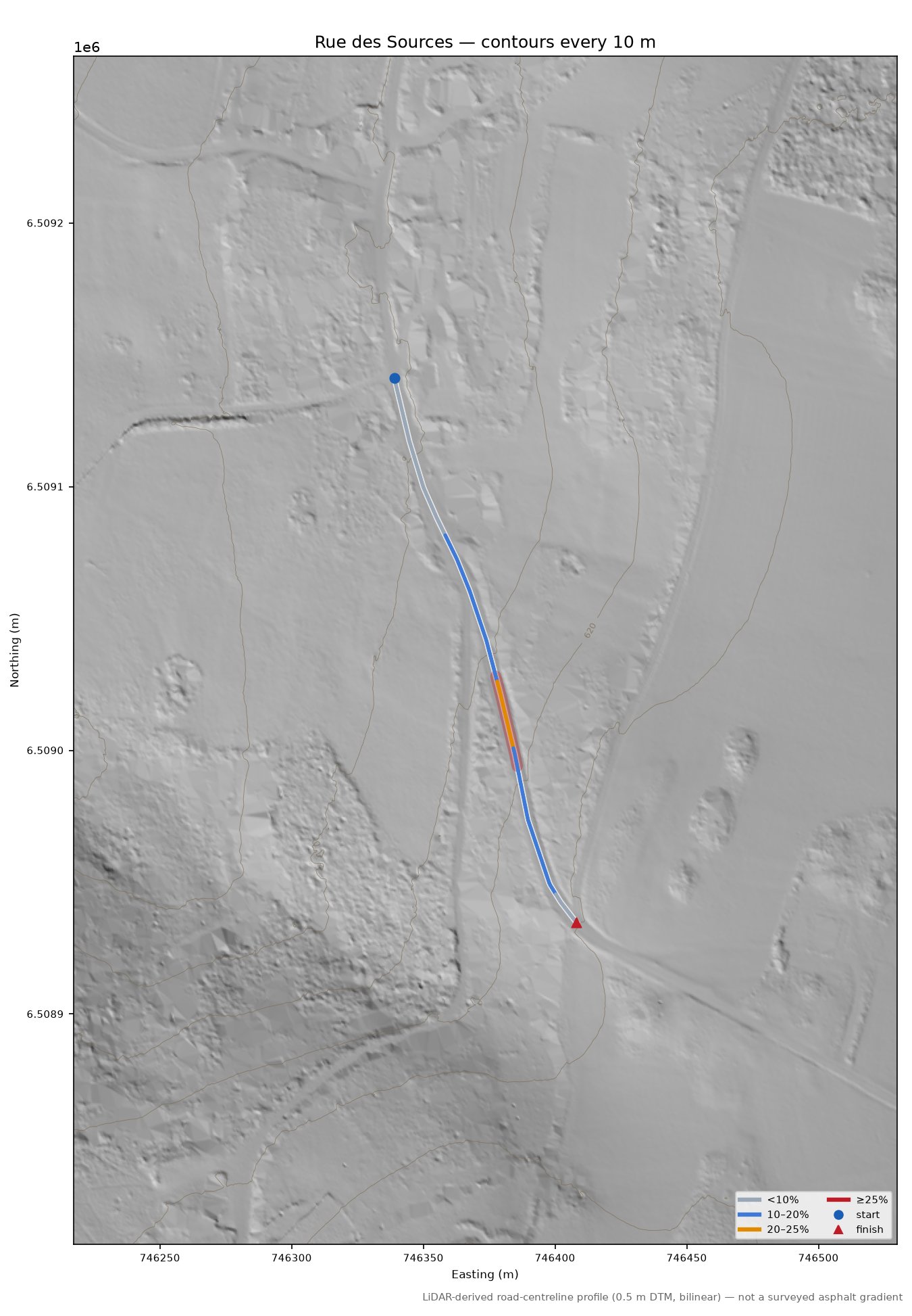 Rue des Sources LiDAR hillshade map with contours