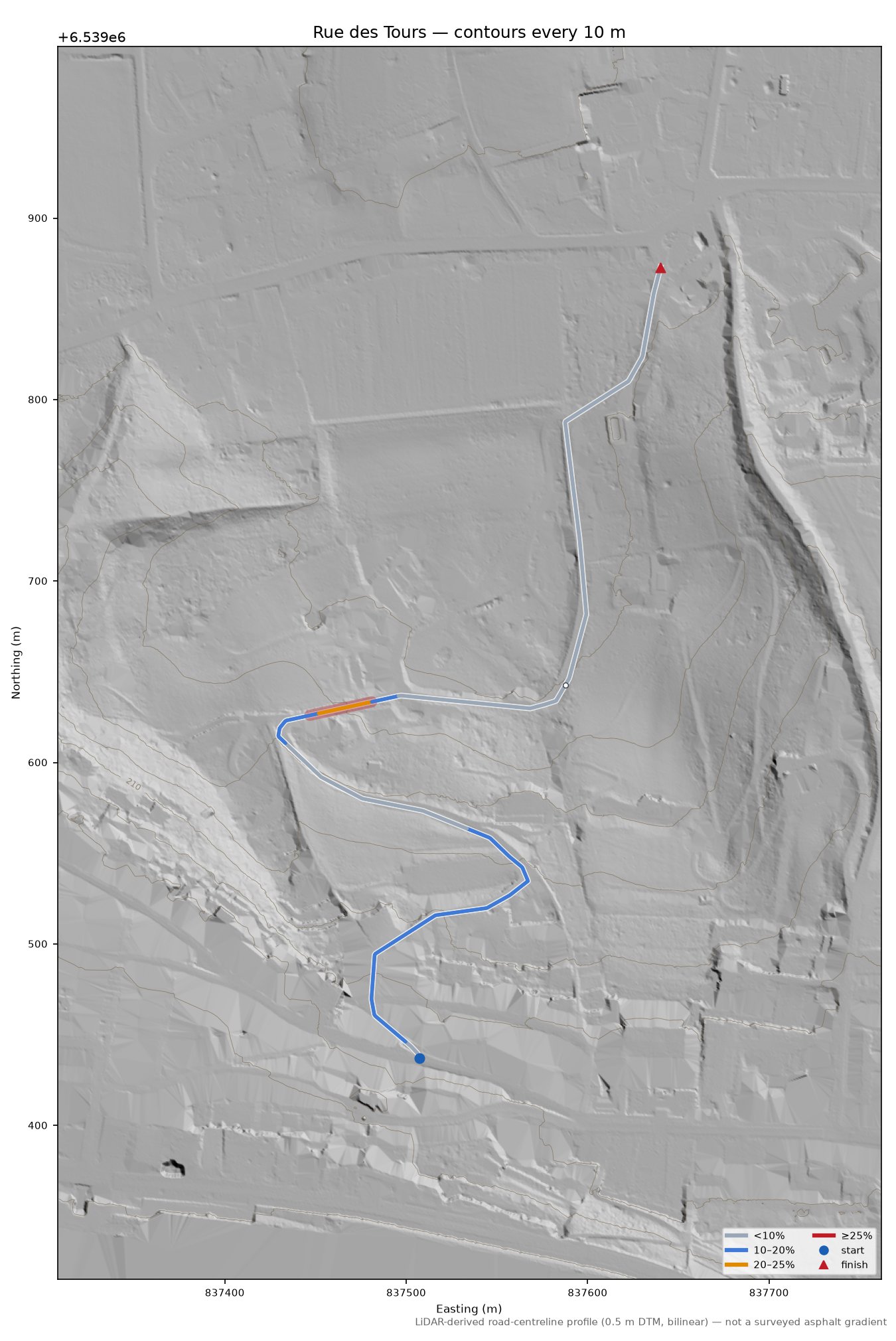 Rue des Tours LiDAR hillshade map with contours