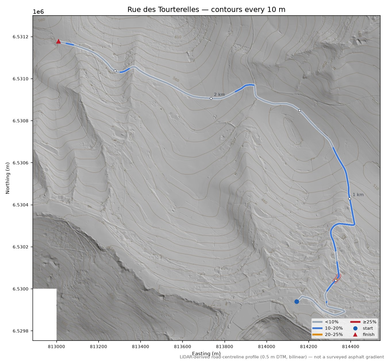 Rue des Tourterelles LiDAR hillshade map with contours