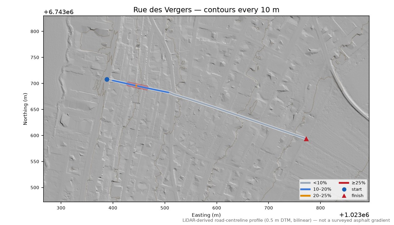 Rue des Vergers LiDAR hillshade map with contours