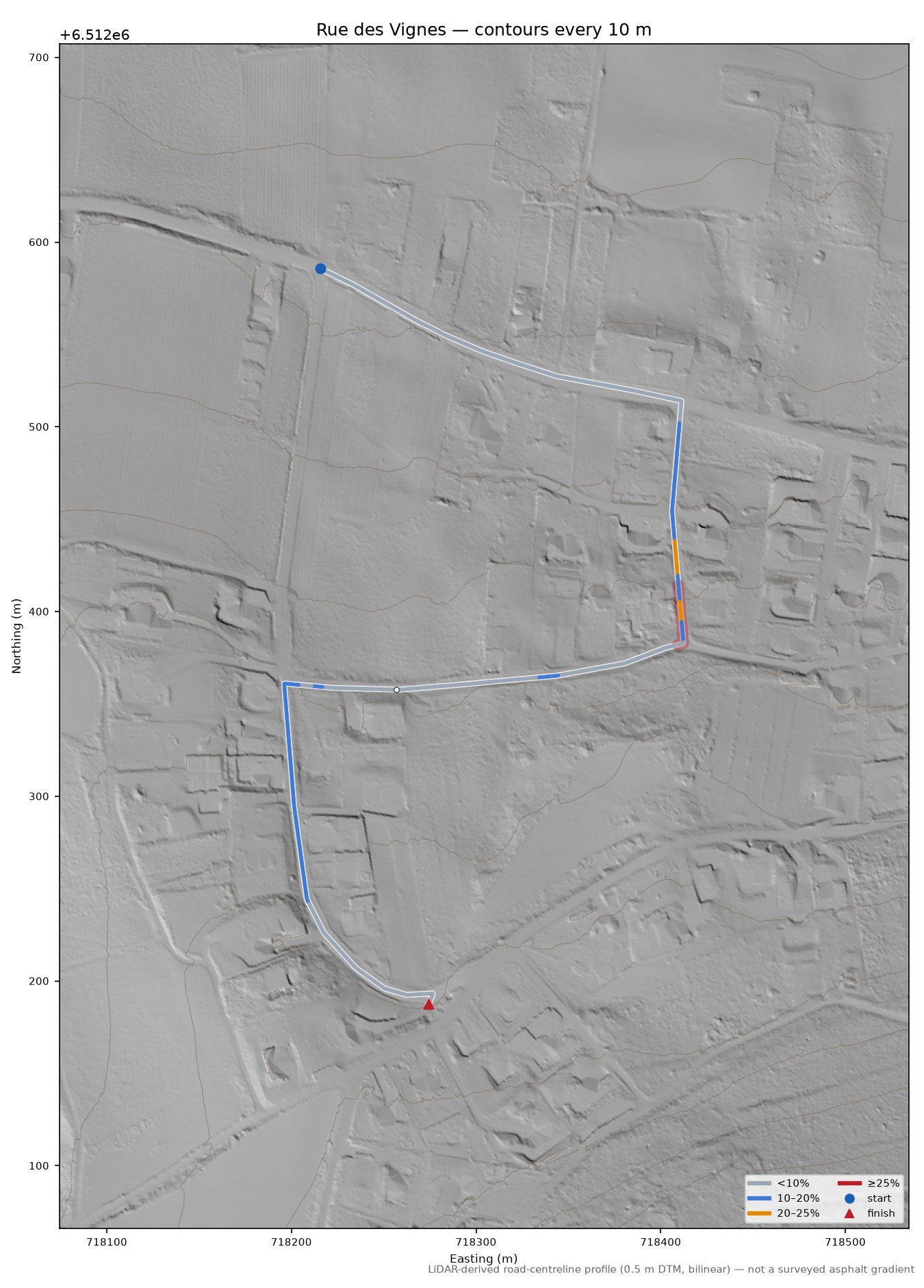 Rue des Vignes LiDAR hillshade map with contours
