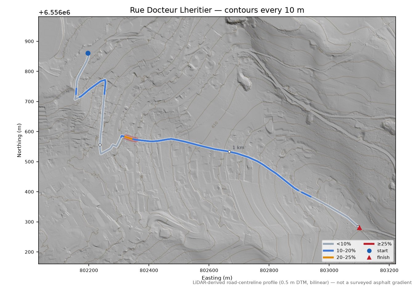 Rue Docteur Lheritier LiDAR hillshade map with contours