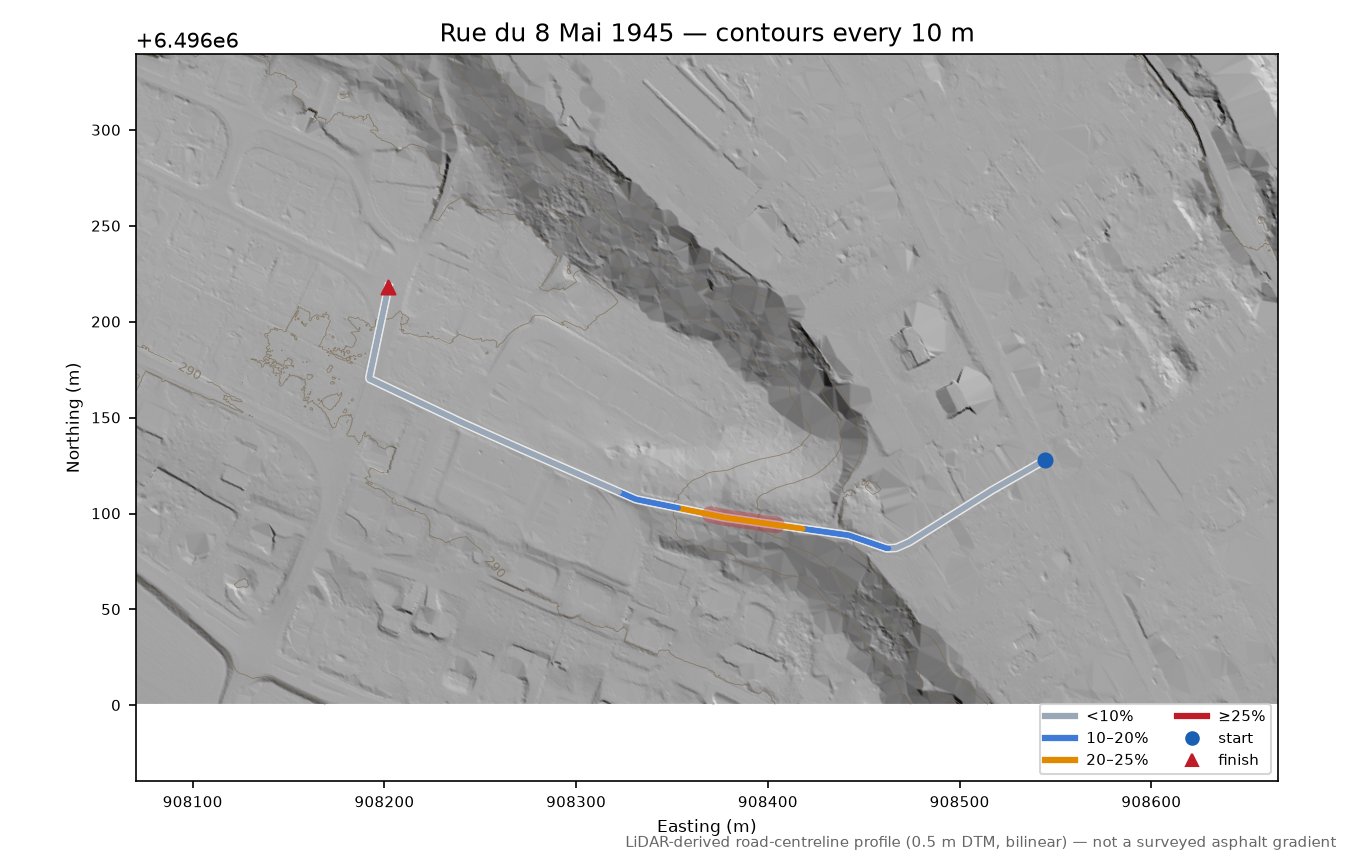 Rue du 8 Mai 1945 LiDAR hillshade map with contours