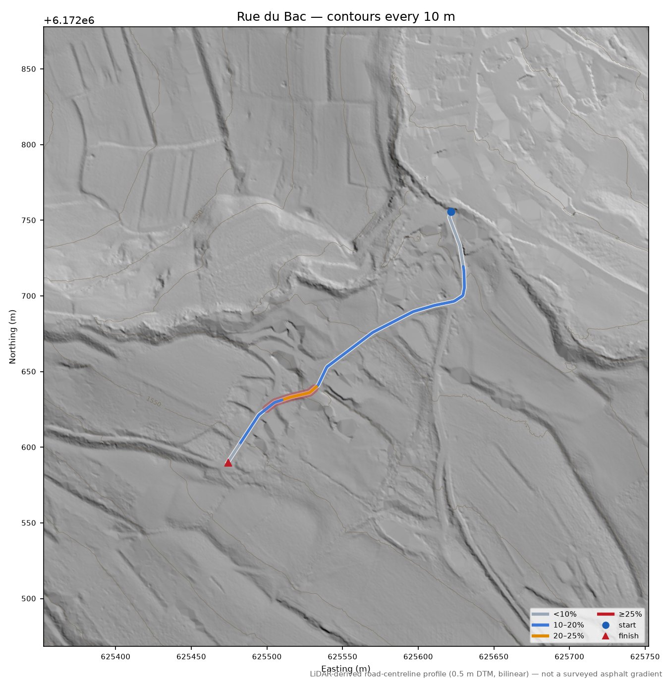 Rue du Bac LiDAR hillshade map with contours