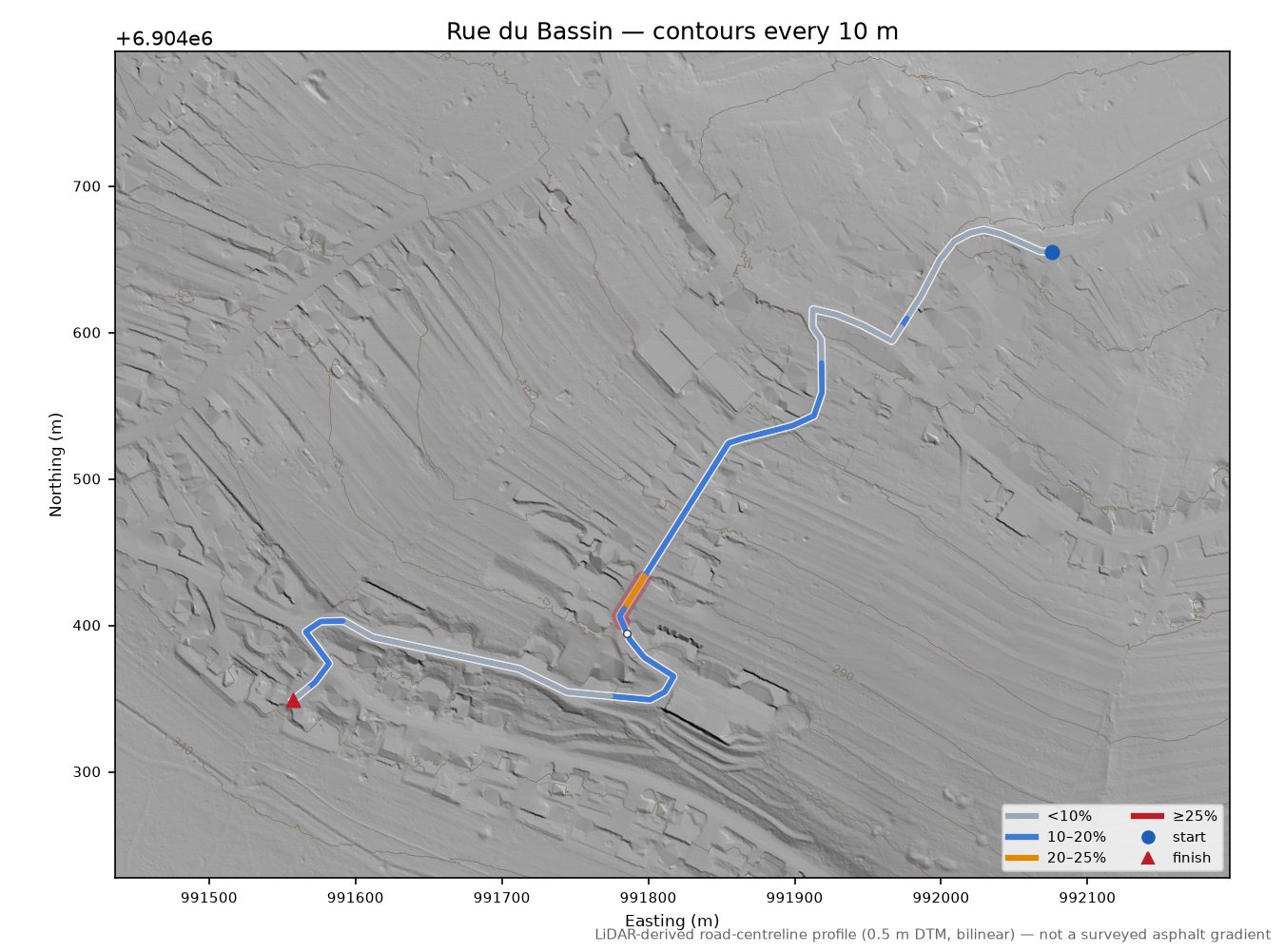 Rue du Bassin LiDAR hillshade map with contours