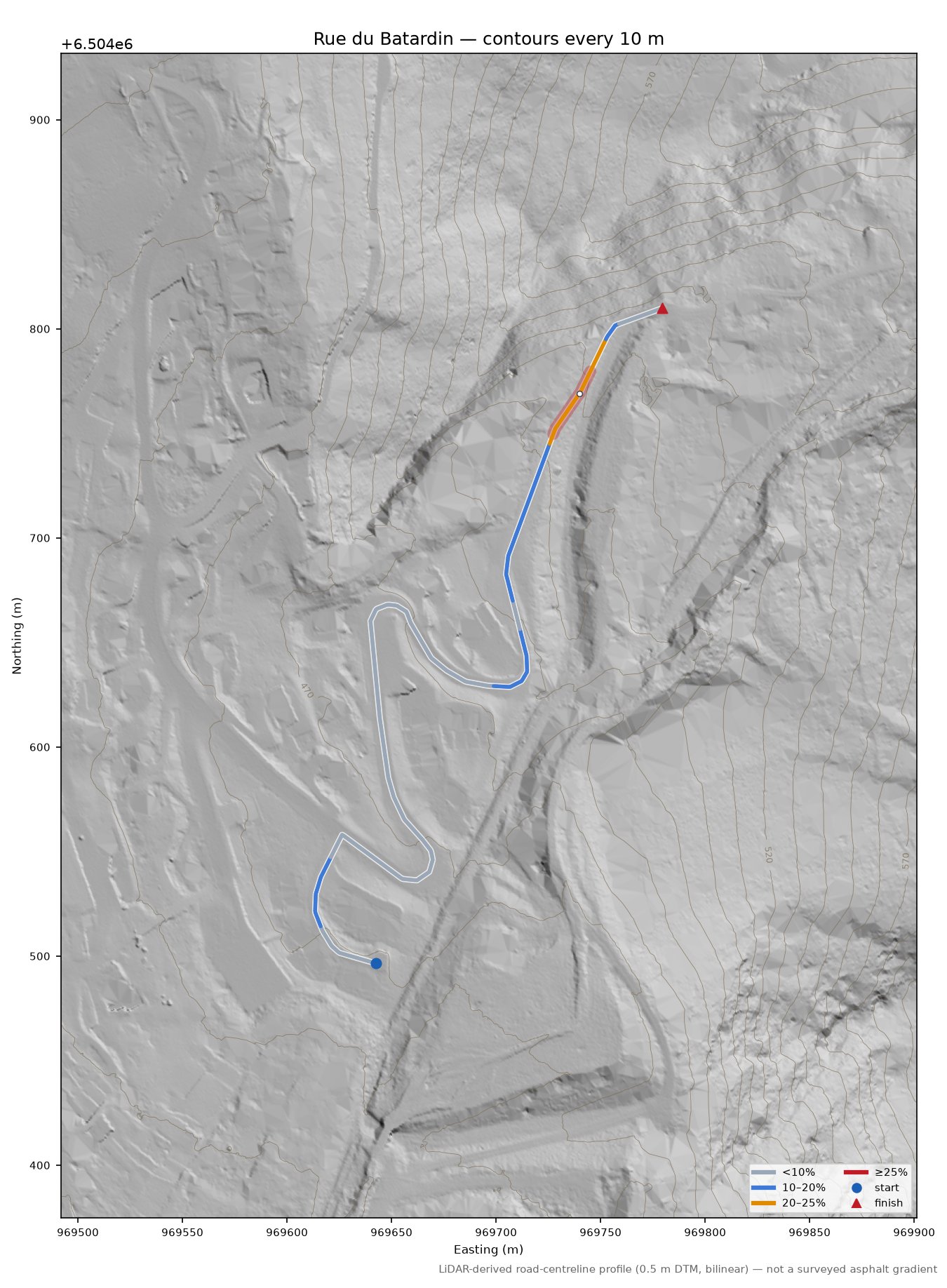 Rue du Batardin LiDAR hillshade map with contours