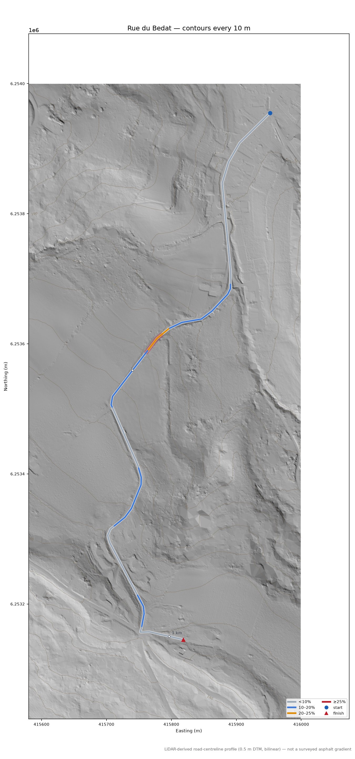 Rue du Bedat LiDAR hillshade map with contours