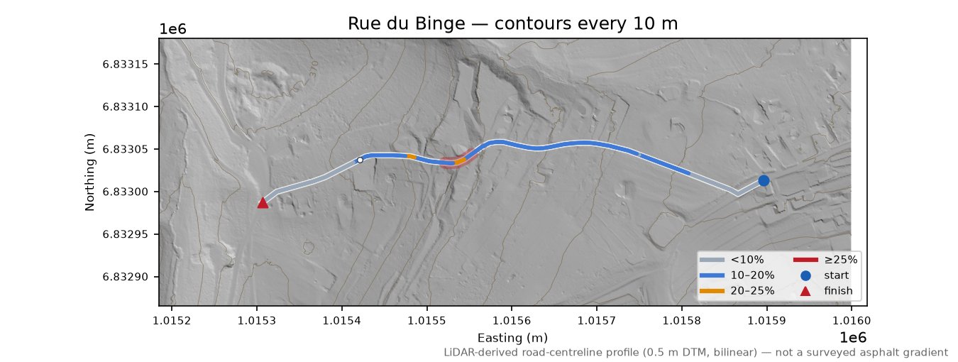 Rue du Binge LiDAR hillshade map with contours