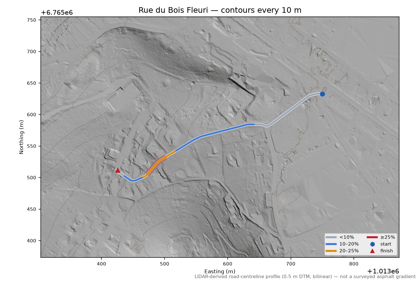 Rue du Bois Fleuri LiDAR hillshade map with contours
