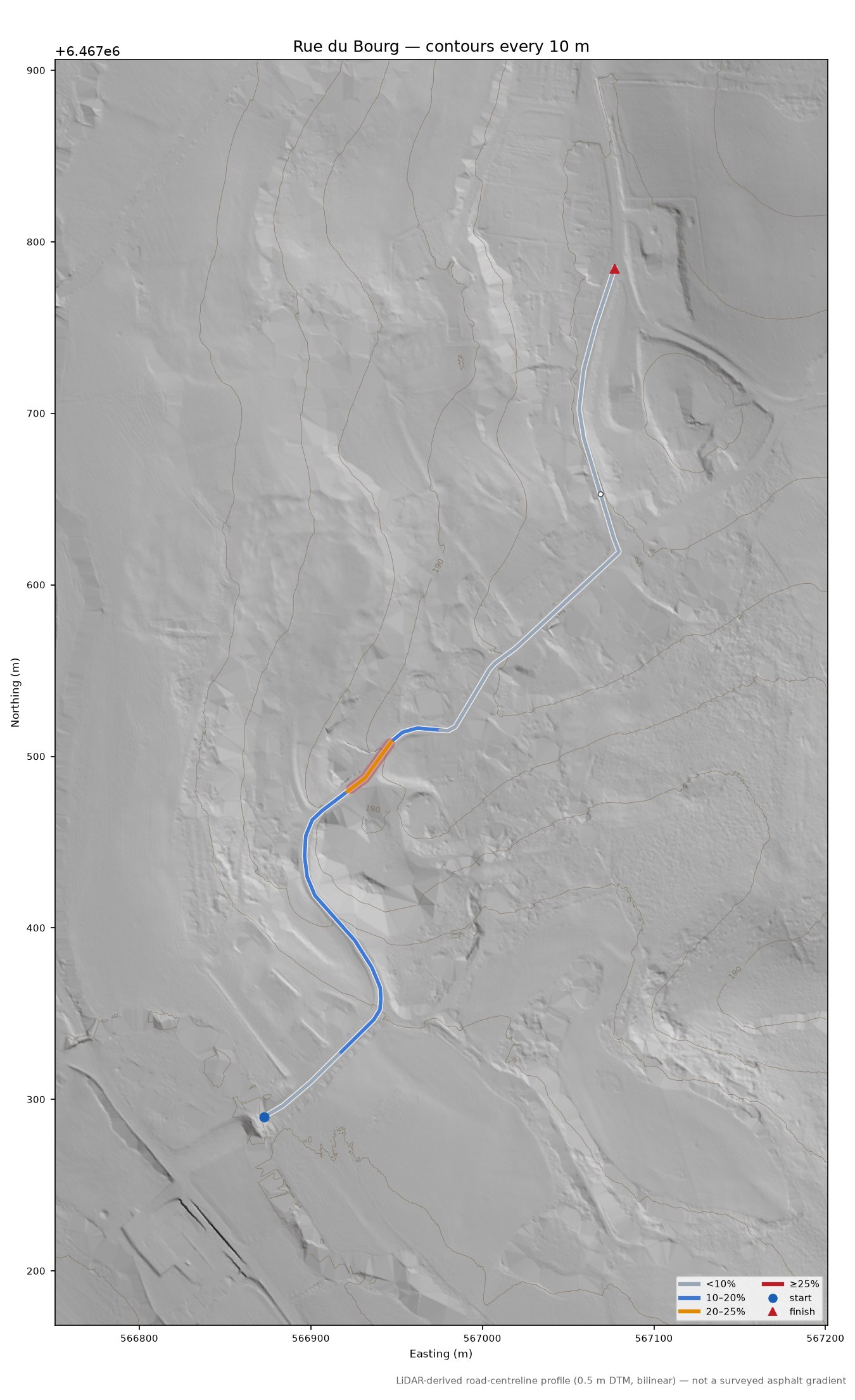 Rue du Bourg LiDAR hillshade map with contours