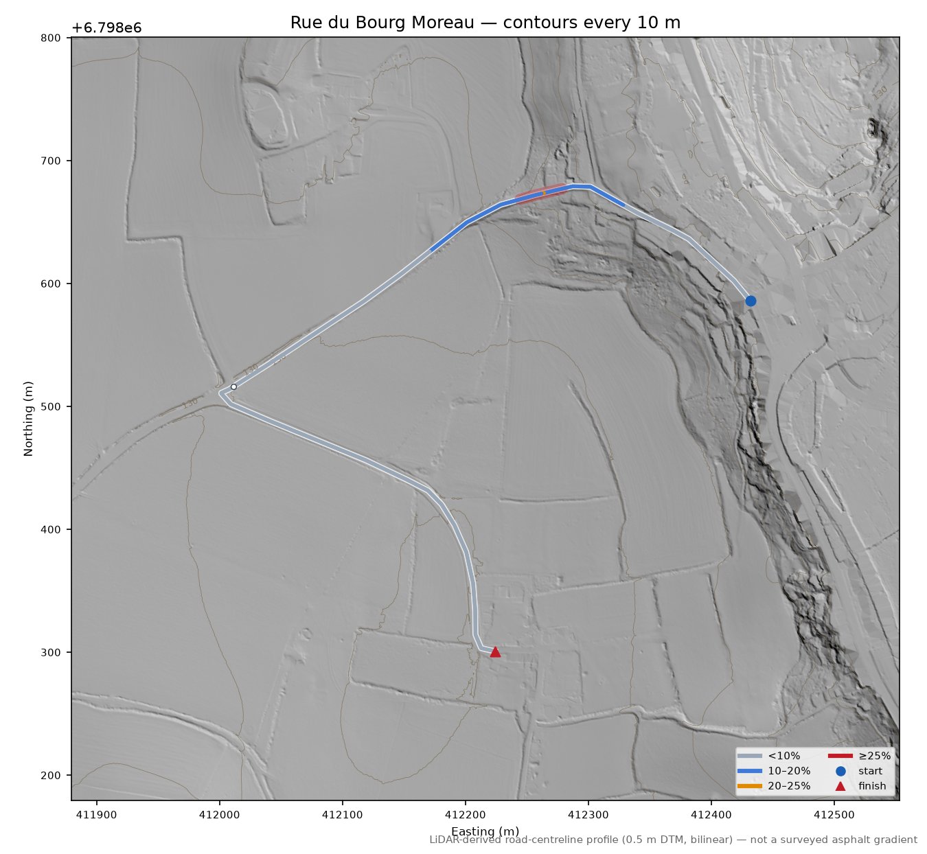 Rue du Bourg Moreau LiDAR hillshade map with contours