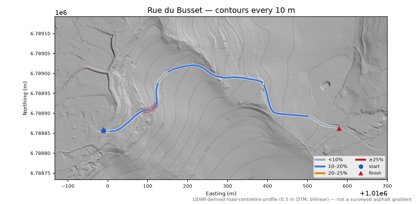 Rue du Busset LiDAR hillshade map with contours