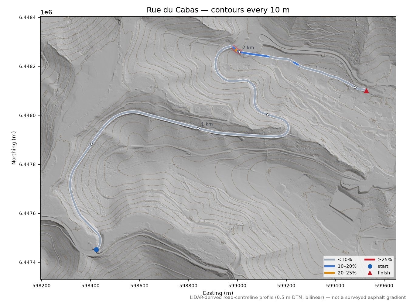Rue du Cabas LiDAR hillshade map with contours