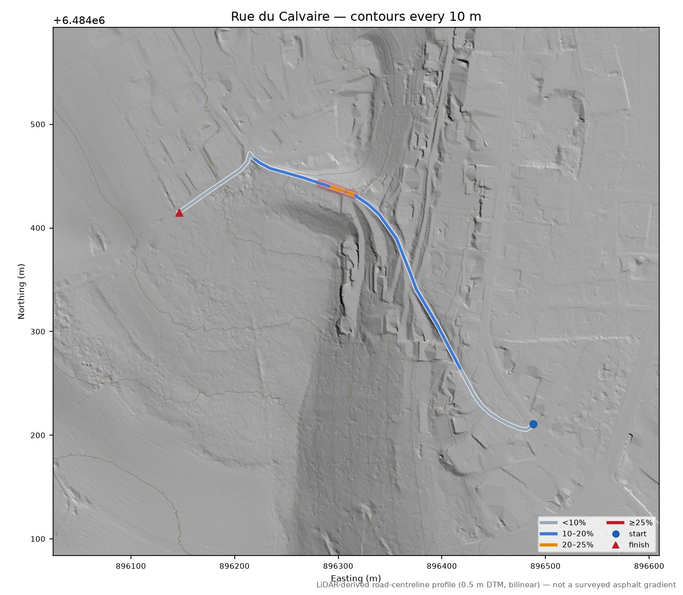 Rue du Calvaire LiDAR hillshade map with contours