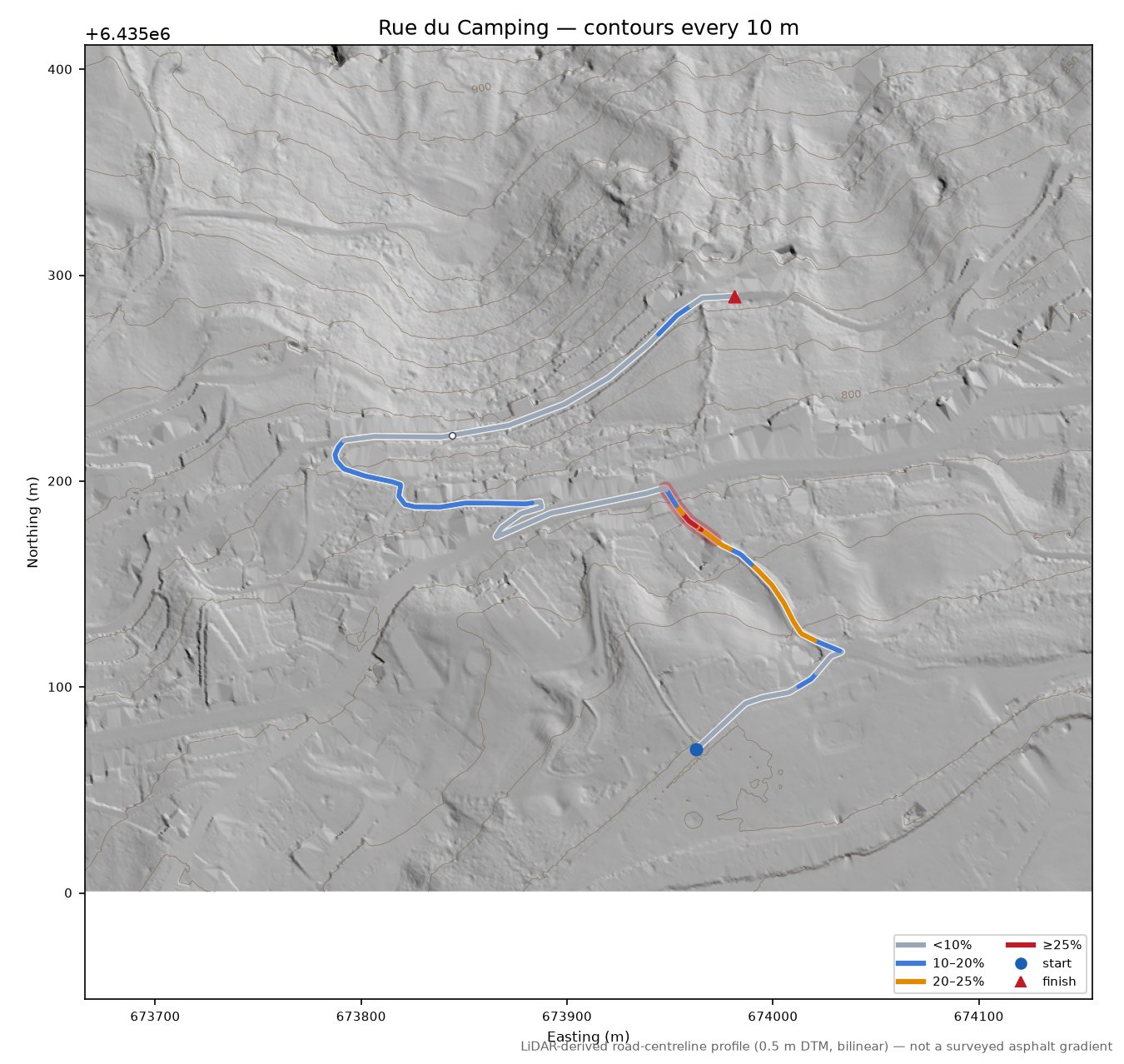 Rue du Camping LiDAR hillshade map with contours