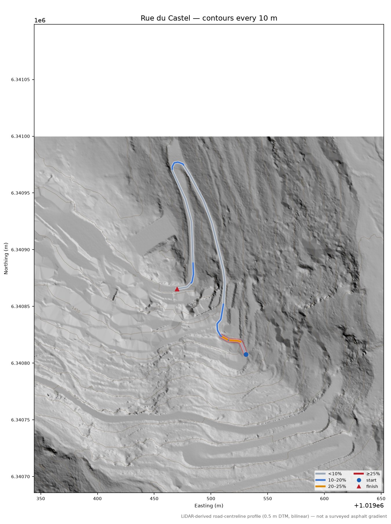 Rue du Castel LiDAR hillshade map with contours