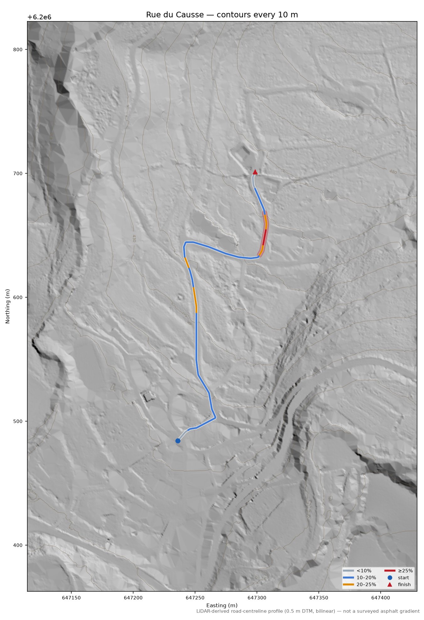 Rue du Causse LiDAR hillshade map with contours