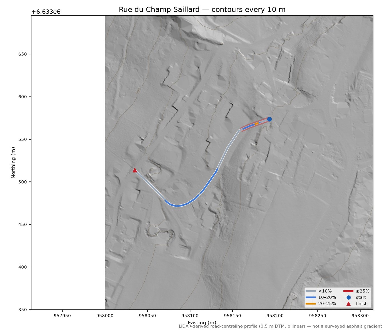 Rue du Champ Saillard LiDAR hillshade map with contours