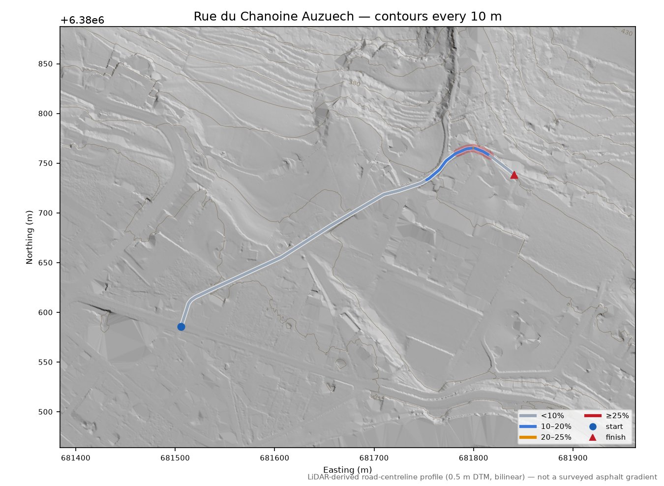 Rue du Chanoine Auzuech LiDAR hillshade map with contours