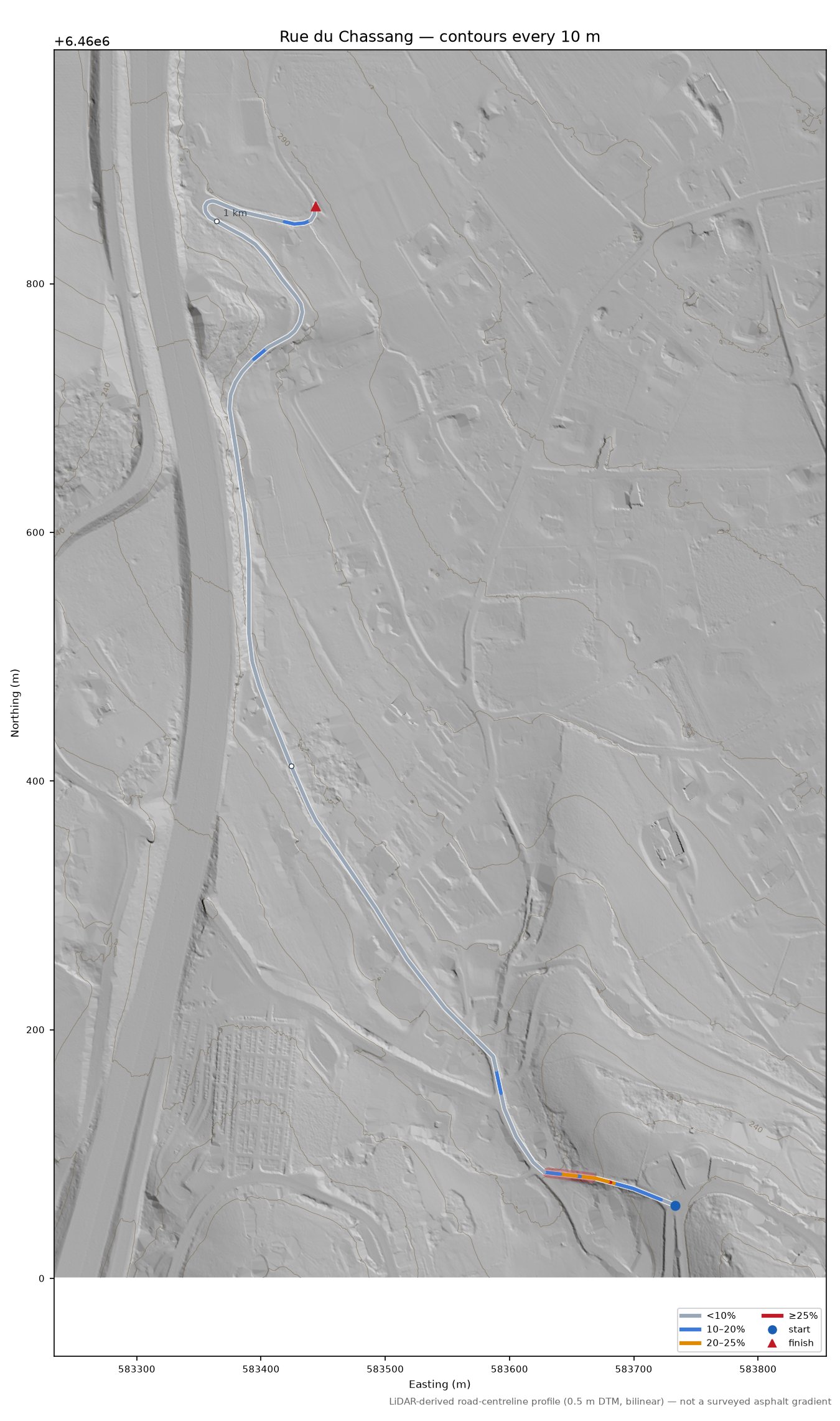 Rue du Chassang LiDAR hillshade map with contours