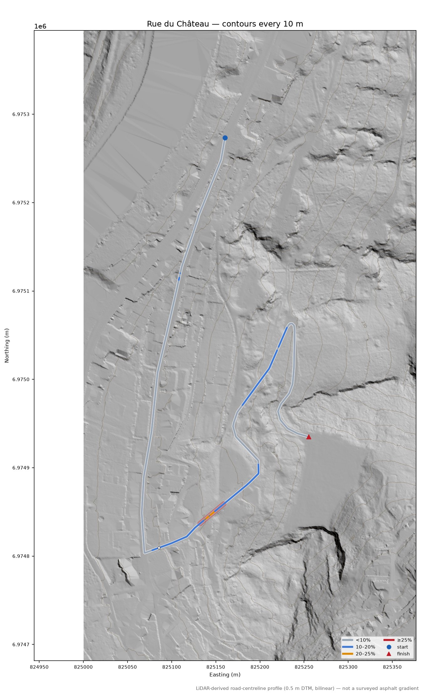 Rue du Château LiDAR hillshade map with contours