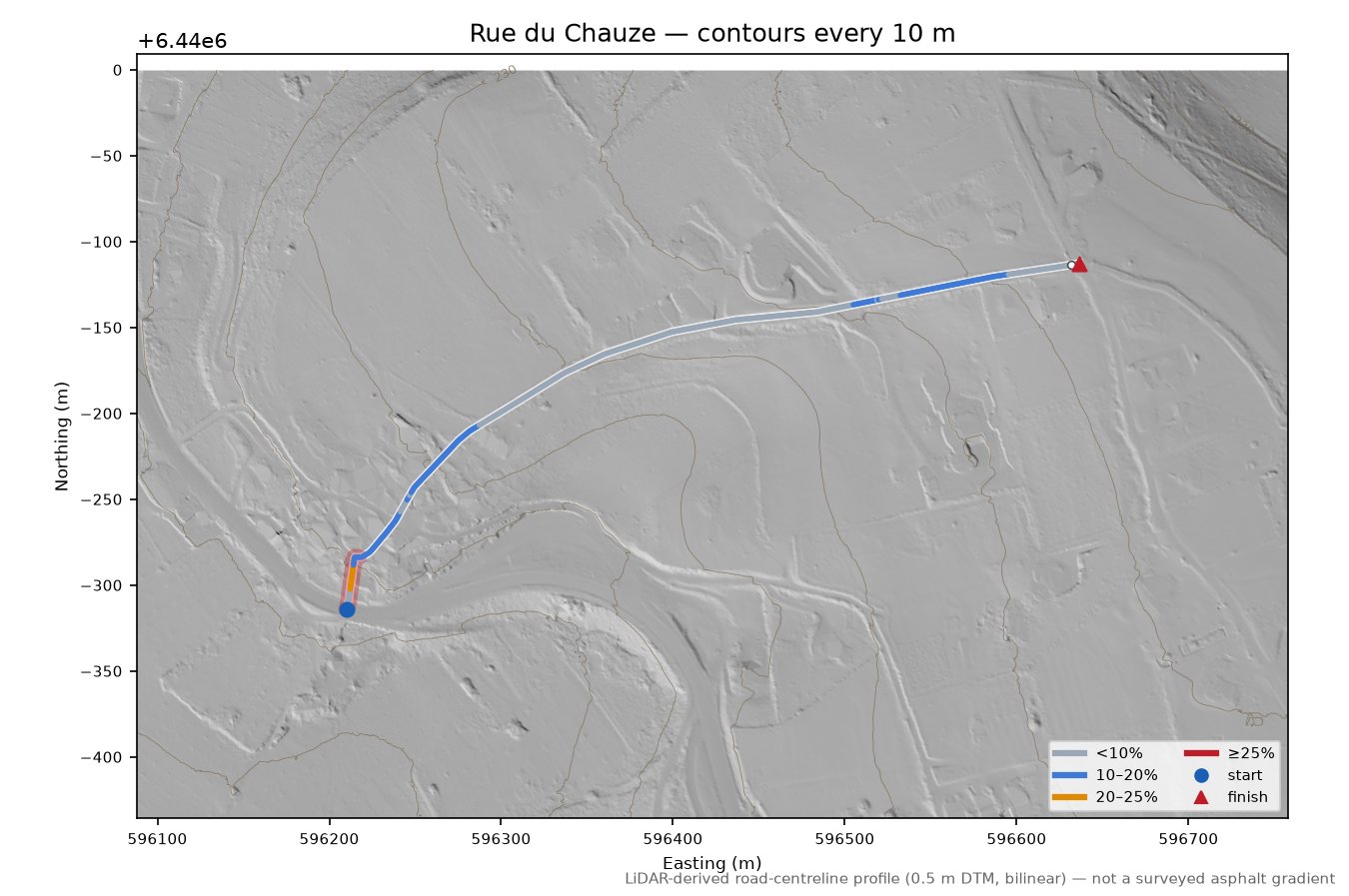 Rue du Chauze LiDAR hillshade map with contours