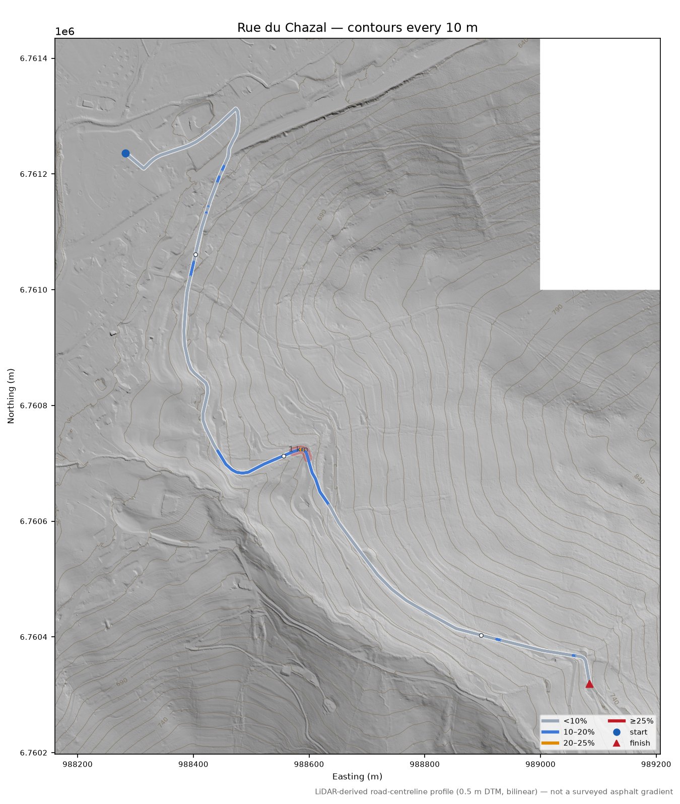 Rue du Chazal LiDAR hillshade map with contours