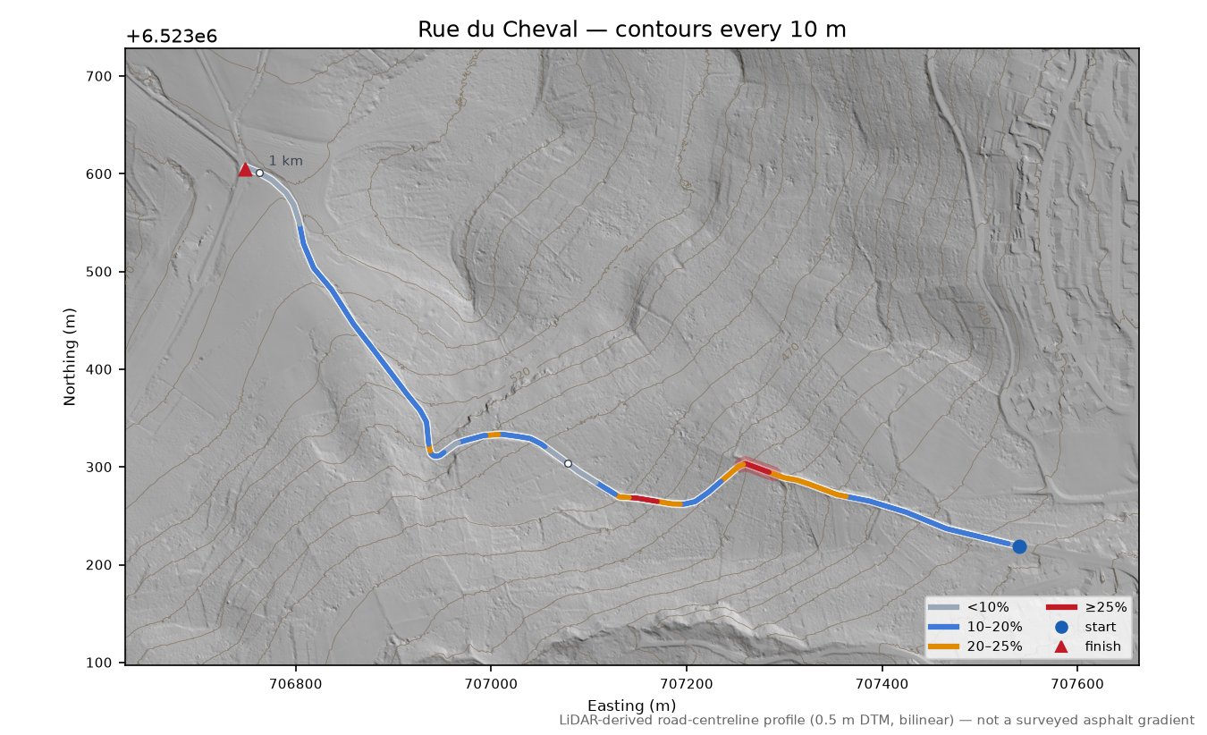Rue du Cheval LiDAR hillshade map with contours