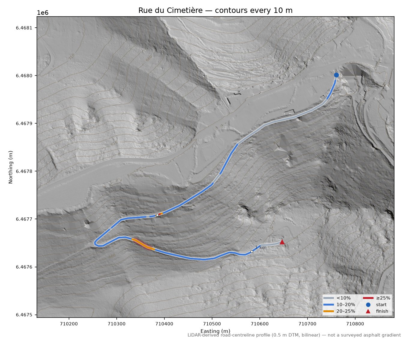 Rue du Cimetière LiDAR hillshade map with contours