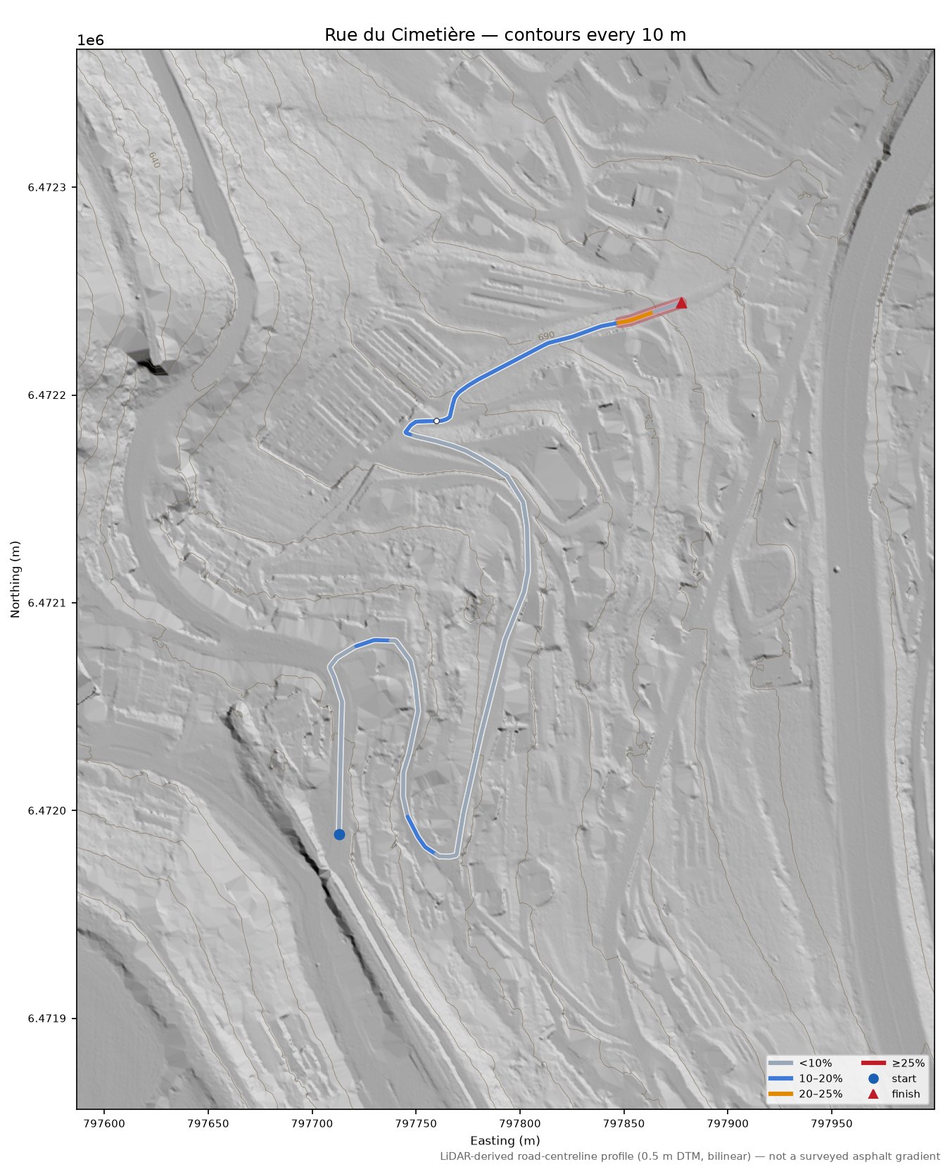 Rue du Cimetière LiDAR hillshade map with contours
